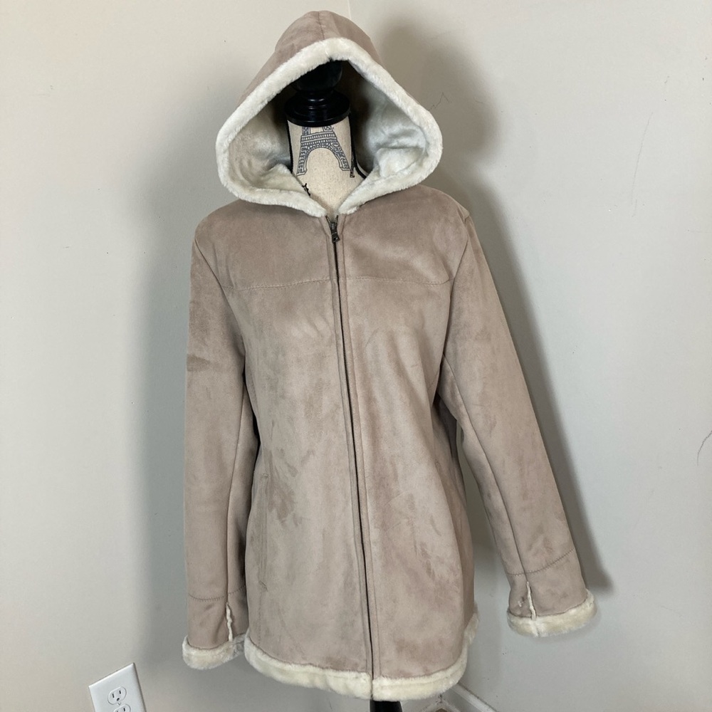 Fleet Street LDT Women’s Beige Suede Faux Leather Hoodie Full Zip Parka Coat 🧥